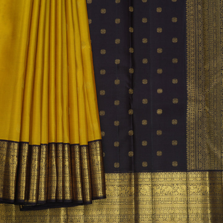 Hayagrivas Handloom Sampanga Yellow Kanjivaram Silk Saree with Deep Jamun Border SSCBF108G19-1
