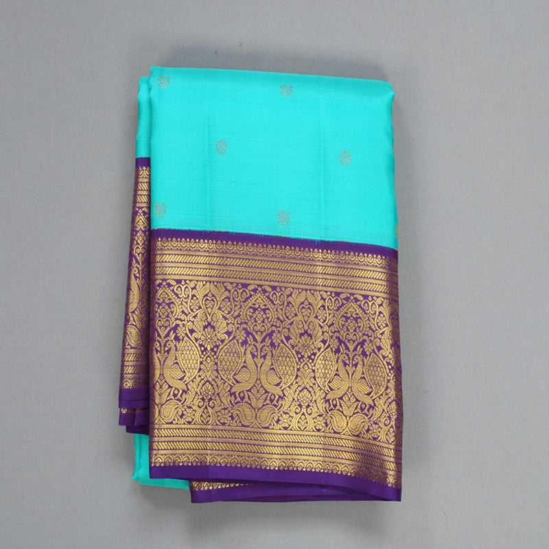 Hayagrivas Handloom Sea Blue Kanjivaram Silk Saree with Purple Border SSCBF108G5-1