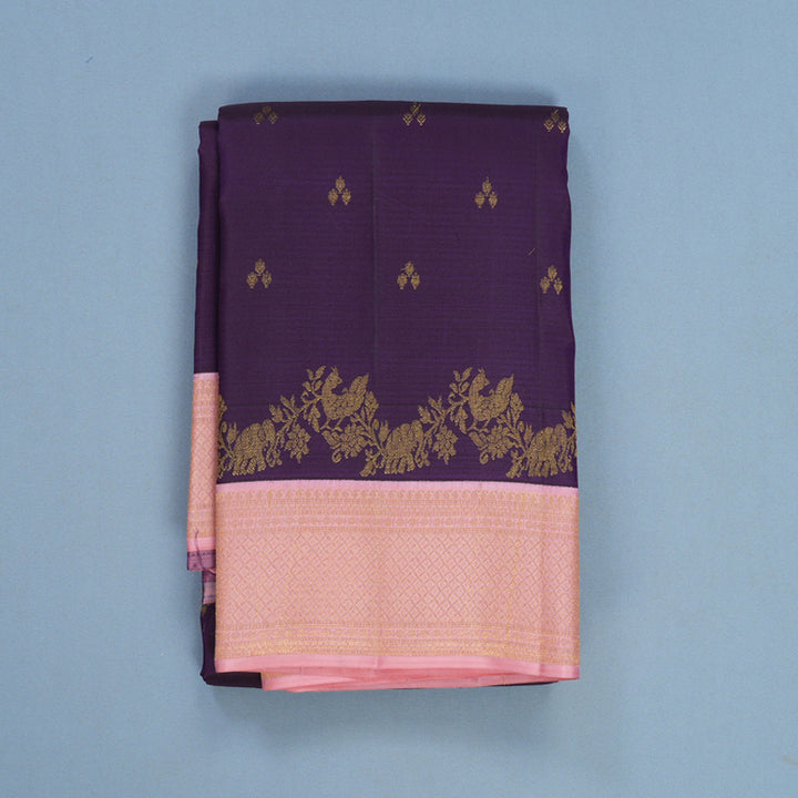 Hayagrivas Handloom Dark Purple Kanjivaram Silk Saree with Baby Pink Border SSCBF108G8-1