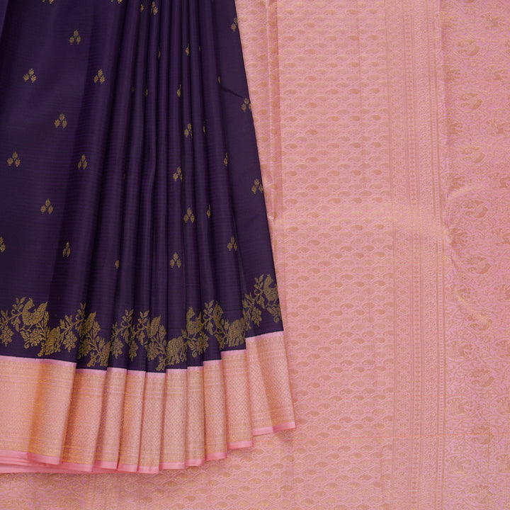 Hayagrivas Handloom Dark Purple Kanjivaram Silk Saree with Baby Pink Border SSCBF108G8-1