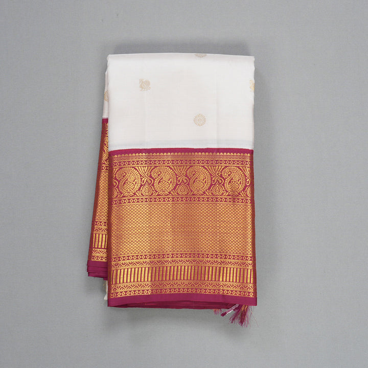 Hayagrivas Handloom Half-White Kanjivaram Silk Saree with Pinkish-Maroon Border SSCBF109G10-1