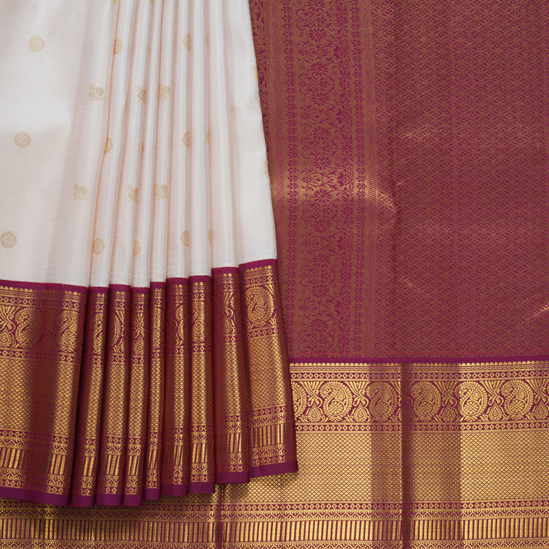Hayagrivas Handloom Half-White Kanjivaram Silk Saree with Pinkish-Maroon Border SSCBF109G10-1