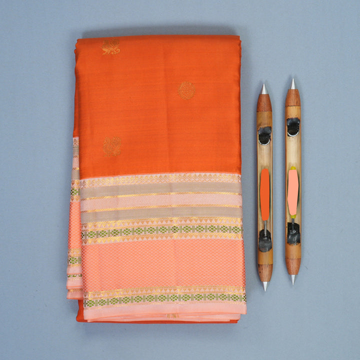 Hayagrivas Handloom Dark Orange Kanjivaram Silk Saree with Peach Pink Border SSCBF122H6-1