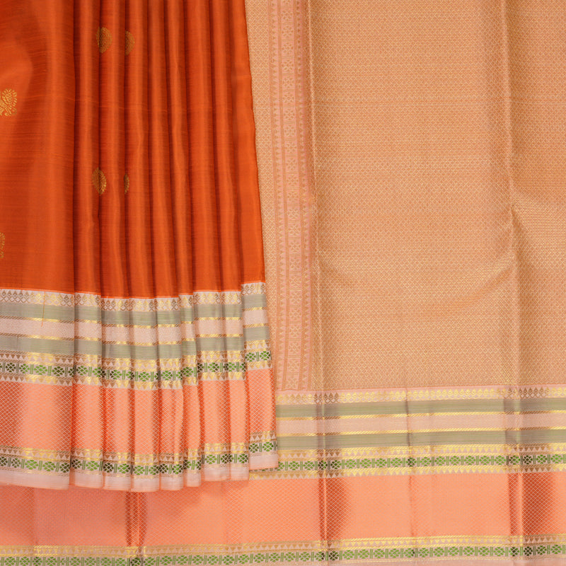 Hayagrivas Handloom Dark Orange Kanjivaram Silk Saree with Peach Pink Border SSCBF122H6-1