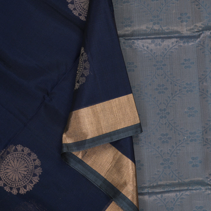 Hayagrivas Navy Blue Kora Silk Cotton Saree SSCBF123H22-1
