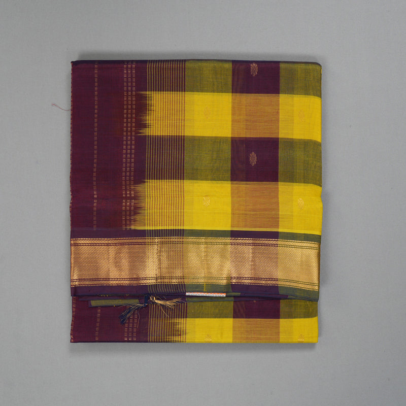 Hayagrivas Lemon Yellow & Wine Checks Pure Silk Cotton Saree SSCBF13D7-11