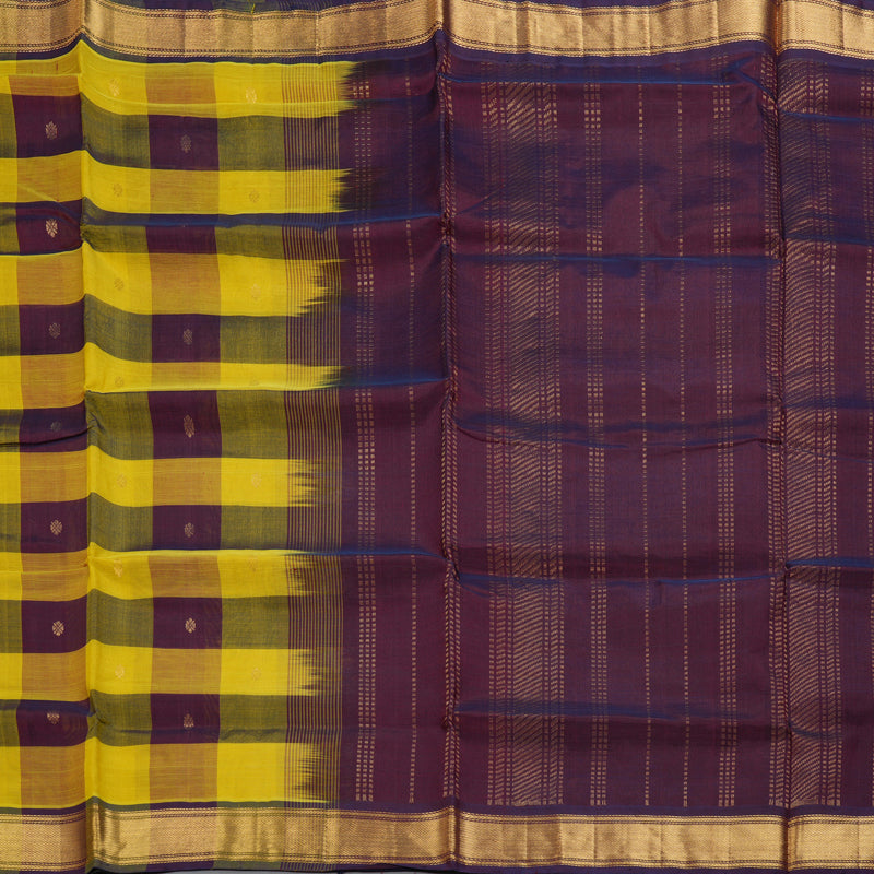 Hayagrivas Lemon Yellow & Wine Checks Pure Silk Cotton Saree SSCBF13D7-11