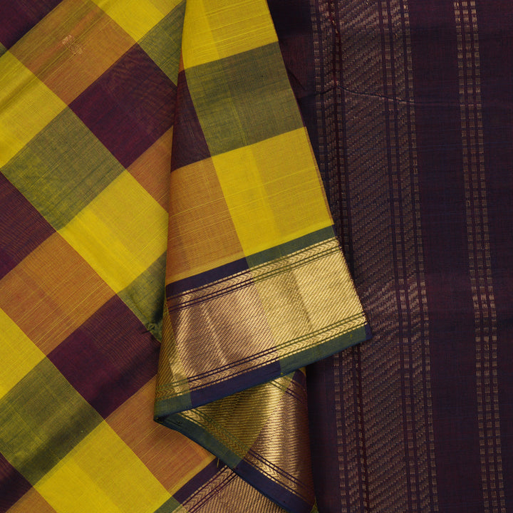 Hayagrivas Lemon Yellow & Wine Checks Pure Silk Cotton Saree SSCBF13D7-11