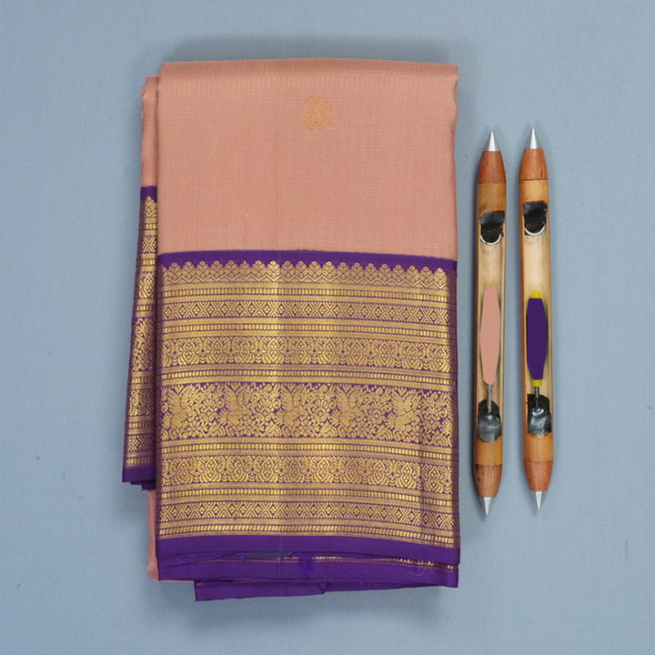 Hayagrivas Handloom Mild Peach Kanjivaram Silk Saree with Purple Border SSCBF152H14-1