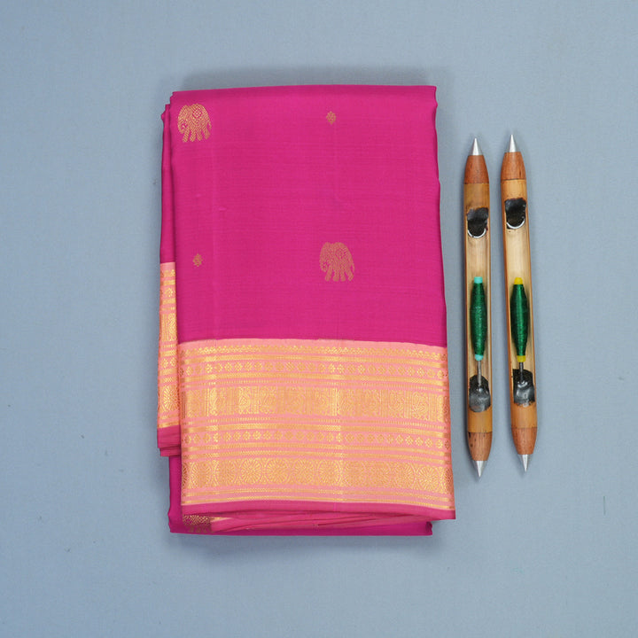 Hayagrivas Handloom Rani Pink Kanjivaram Silk Saree with Peach Orange Border SSCBF152H27-1
