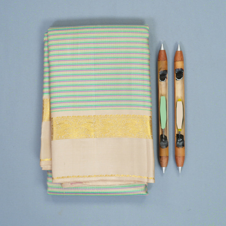 Hayagrivas Handloom Pastel Stripes Kanjivaram Silk Saree with Sandal Beige Border SSCBF152H4-1