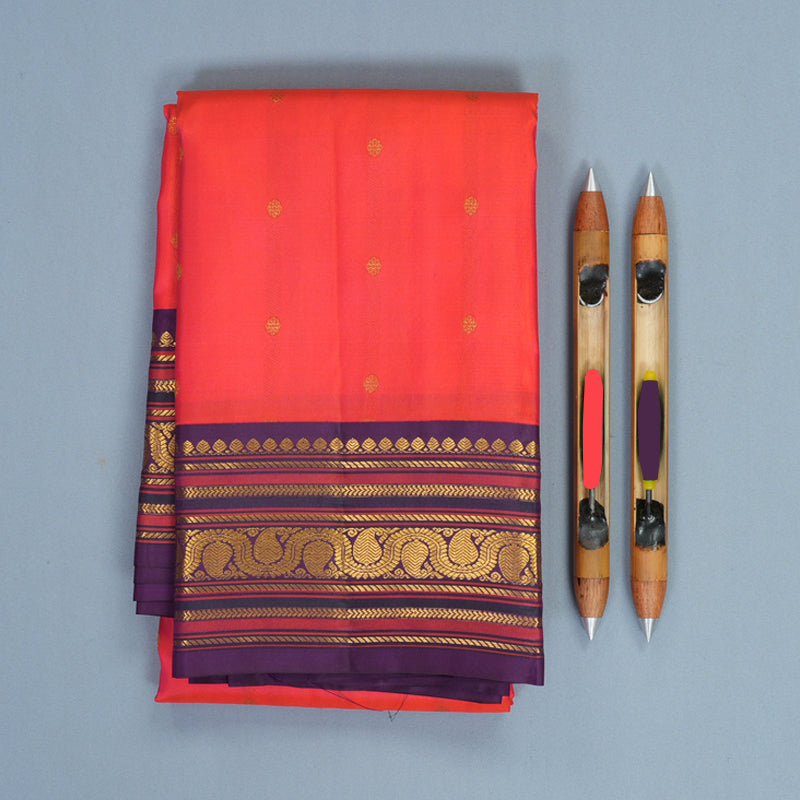 Hayagrivas Handloom Bright Orangish-Pink Kanjivaram Silk Saree with Purple Border SSCBF153H10-2