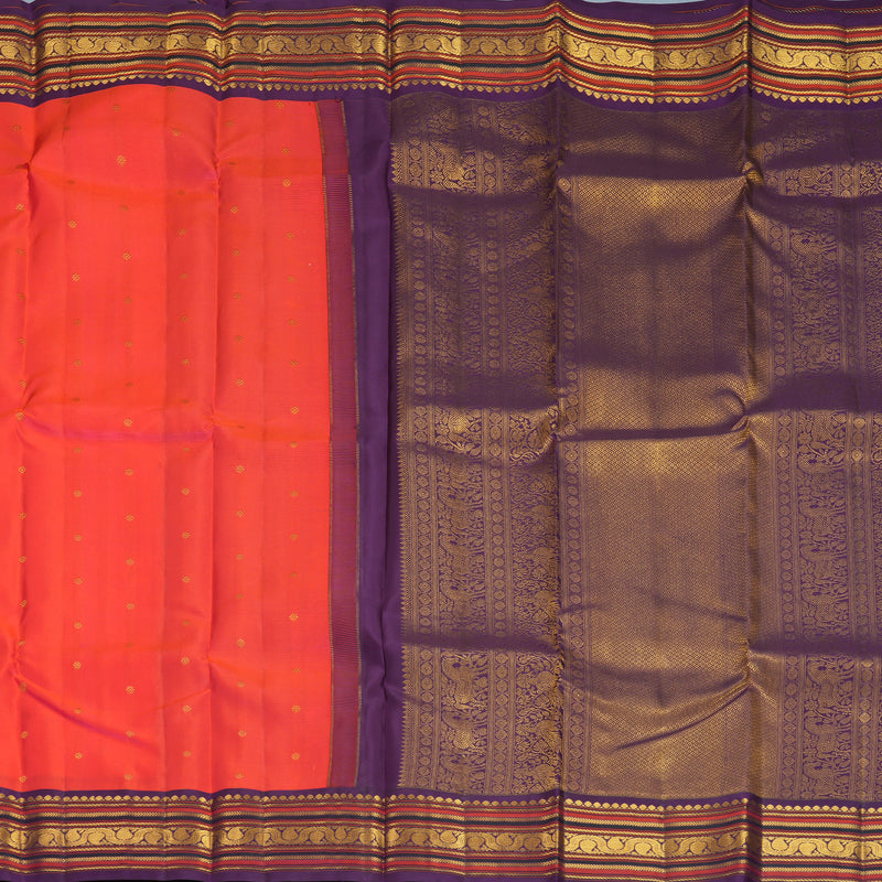 Hayagrivas Handloom Bright Orangish-Pink Kanjivaram Silk Saree with Purple Border SSCBF153H10-2