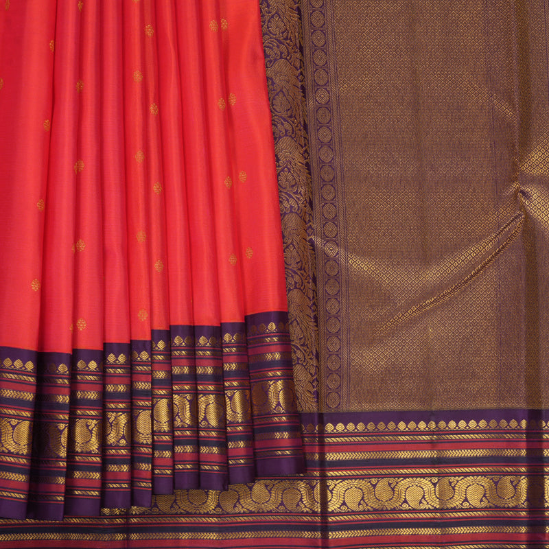 Hayagrivas Handloom Bright Orangish-Pink Kanjivaram Silk Saree with Purple Border SSCBF153H10-2