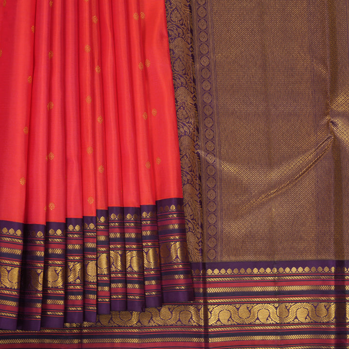 Hayagrivas Handloom Bright Orangish-Pink Kanjivaram Silk Saree with Purple Border SSCBF153H10-2