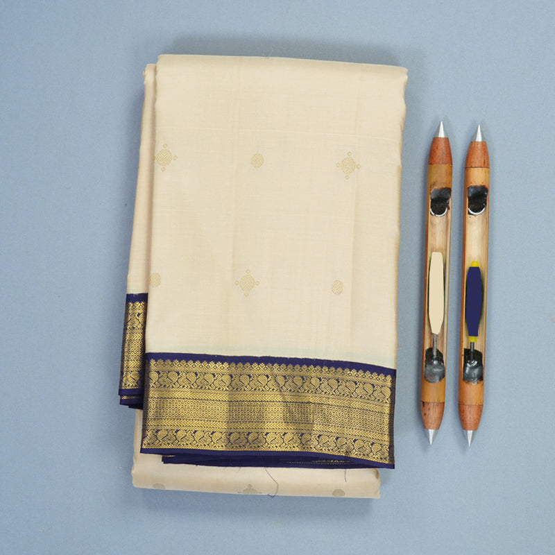 Hayagrivas Handloom Half-White Kanjivaram Silk Saree with Navy Blue Border SSCBF159H1-4