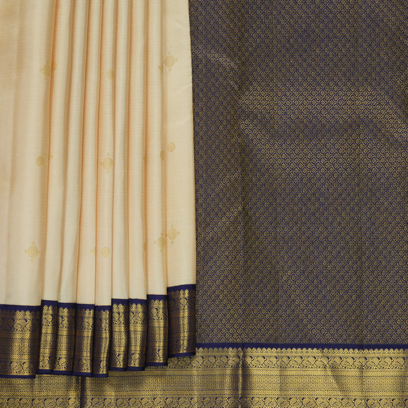 Hayagrivas Handloom Half-White Kanjivaram Silk Saree with Navy Blue Border SSCBF159H1-4
