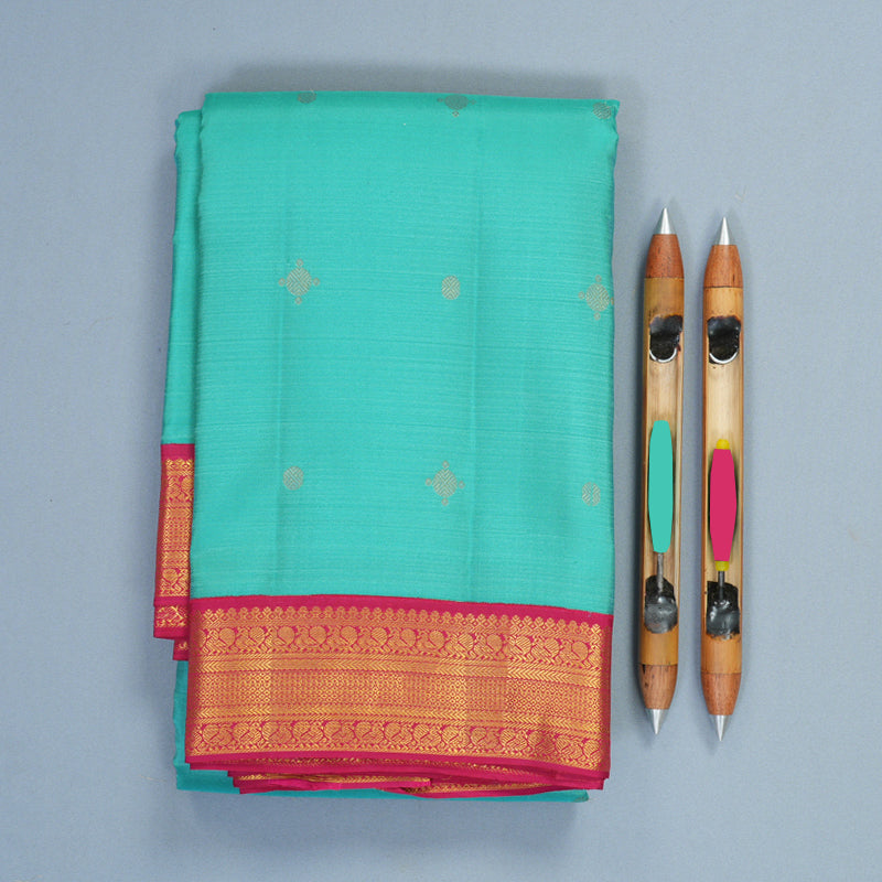 Hayagrivas Handloom Sea Blue Kanjivaram Silk Saree with Pink Border SSCBF159H1-6