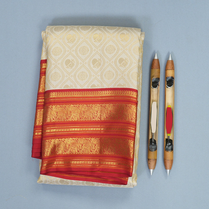Hayagrivas Handloom Half-White Kanjivaram Silk Saree with Red Border SSCBF159H10-1