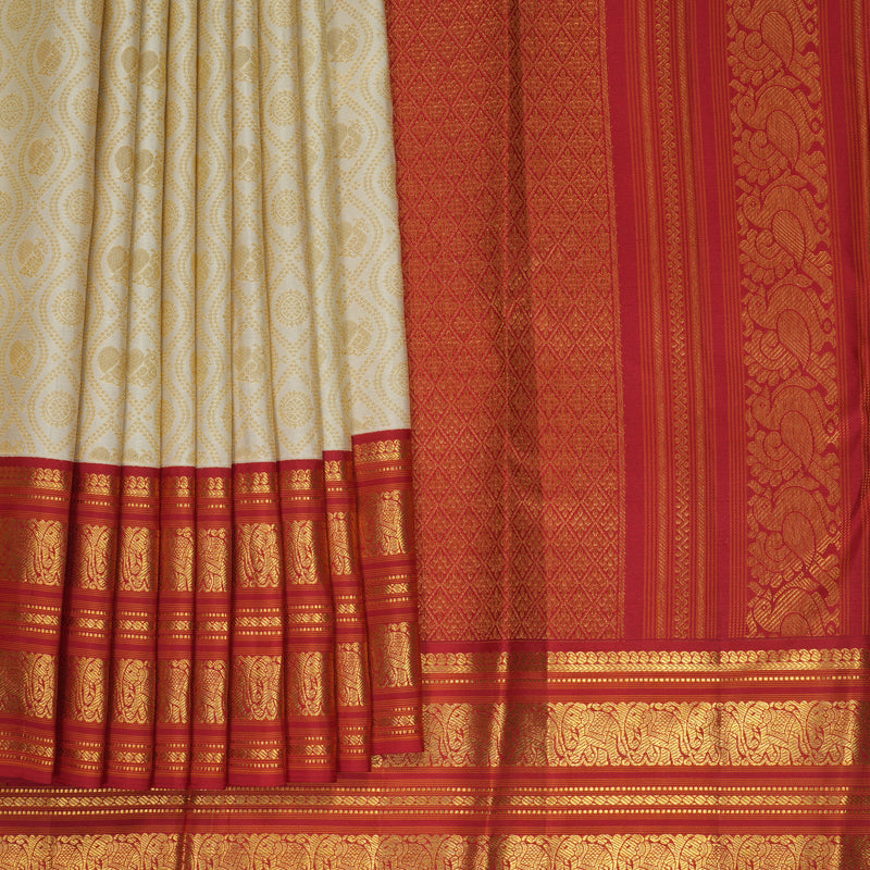 Hayagrivas Handloom Half-White Kanjivaram Silk Saree with Red Border SSCBF159H10-1