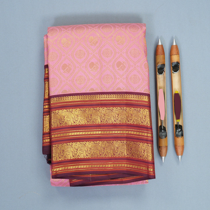 Hayagrivas Handloom Rose Pink Kanjivaram Silk Saree with Burgundy Border SSCBF159H10-2