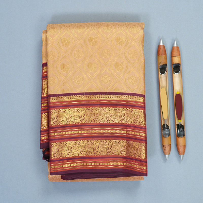 Hayagrivas Handloom Creamy Peach Kanjivaram Silk Saree with Burgundy Border SSCBF159H10-3