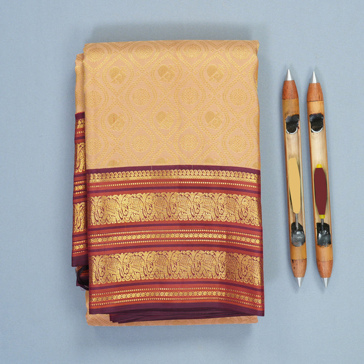 Hayagrivas Handloom Creamy Peach Kanjivaram Silk Saree with Burgundy Border SSCBF159H10-3