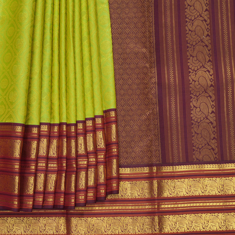 Hayagrivas Handloom Parrot Green Kanjivaram Silk Saree with Burgundy Border SSCBF159H10-4