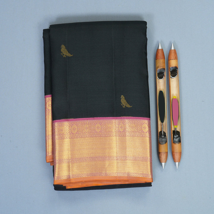 Hayagrivas Handloom Black Kanjivaram Silk Saree with Guava Pink Border SSCBF159H13-2