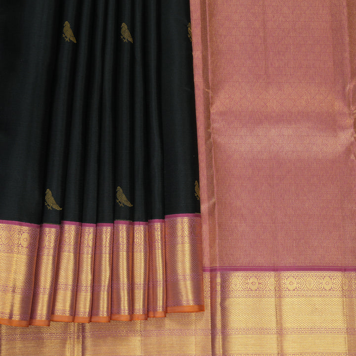 Hayagrivas Handloom Black Kanjivaram Silk Saree with Guava Pink Border SSCBF159H13-2