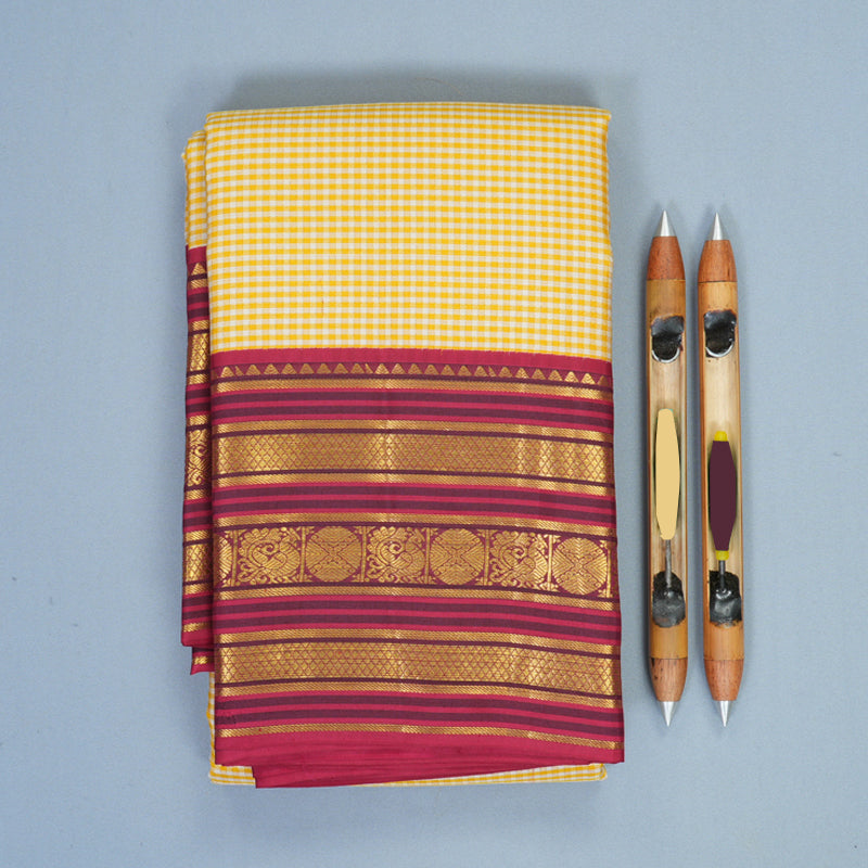 Hayagrivas Handloom Yellow &amp; White Checks Kanjivaram Silk Saree with Maroon Border SSCBF159H14-1