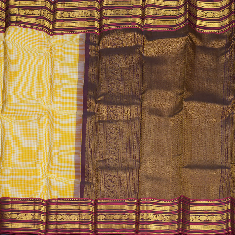 Hayagrivas Handloom Yellow &amp; White Checks Kanjivaram Silk Saree with Maroon Border SSCBF159H14-1