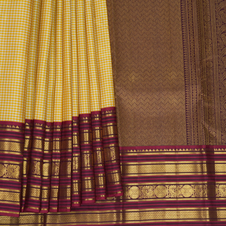 Hayagrivas Handloom Yellow &amp; White Checks Kanjivaram Silk Saree with Maroon Border SSCBF159H14-1