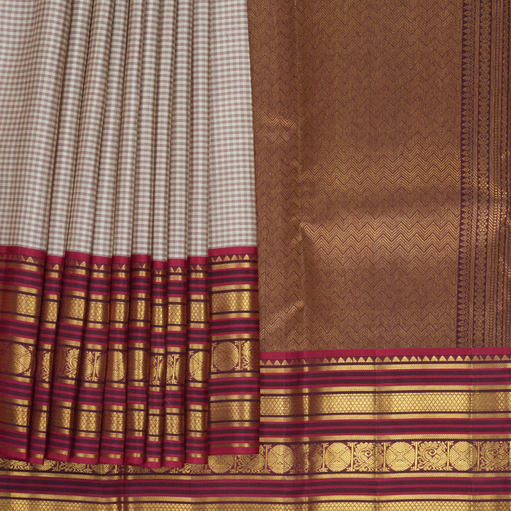 Hayagrivas Handloom Mauve &amp; Half-White Checks Kanjivaram Silk Saree with Maroon Border SSCBF159H14-2