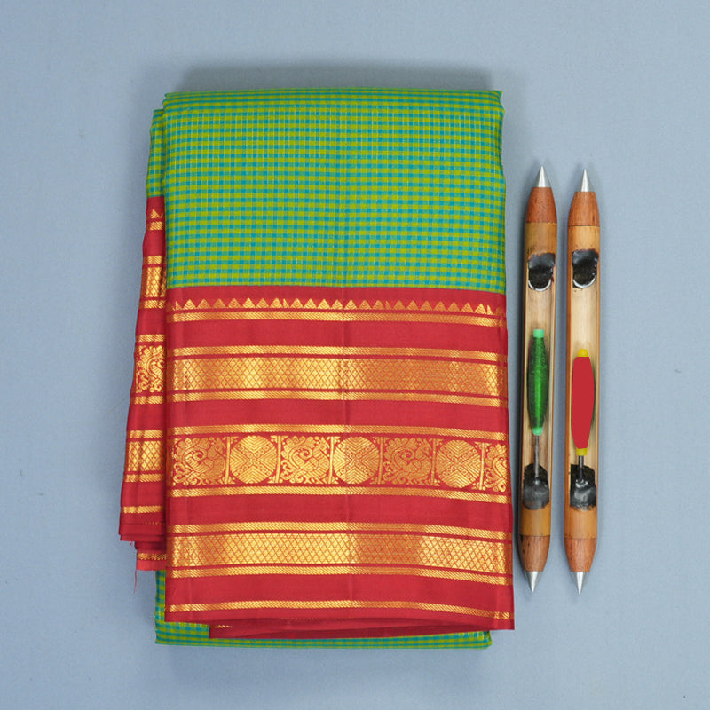 Hayagrivas Handloom Lime Green &amp; Teal Blue Checks Kanjivaram Silk Saree with Red Border SSCBF159H14-3