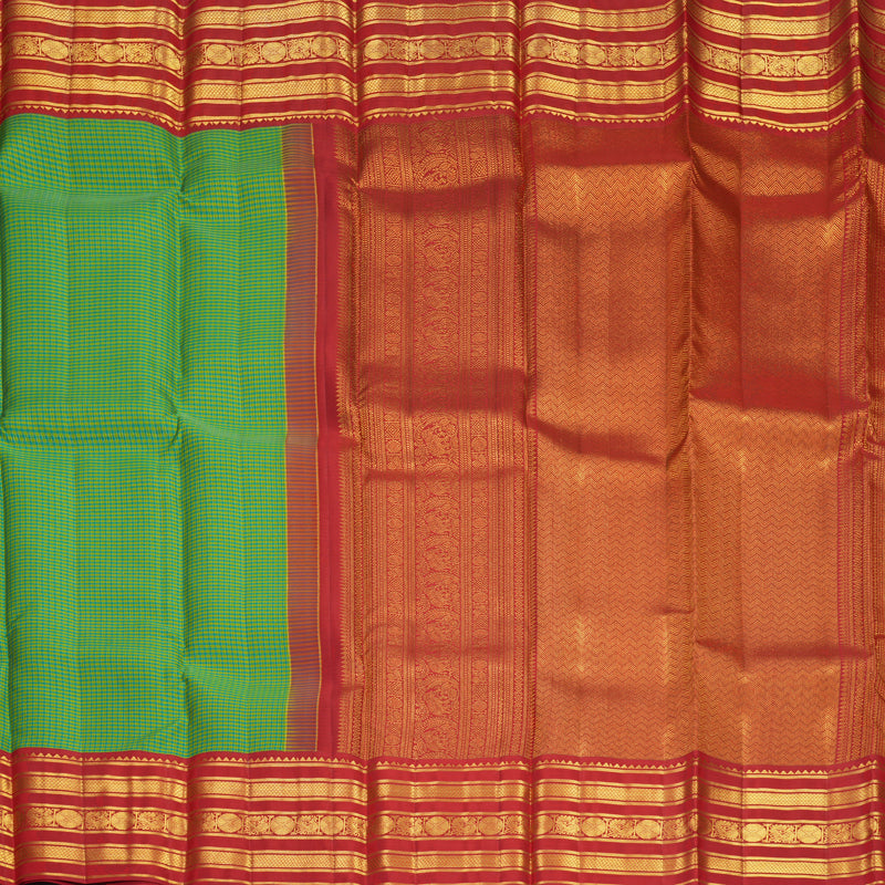 Hayagrivas Handloom Lime Green &amp; Teal Blue Checks Kanjivaram Silk Saree with Red Border SSCBF159H14-3