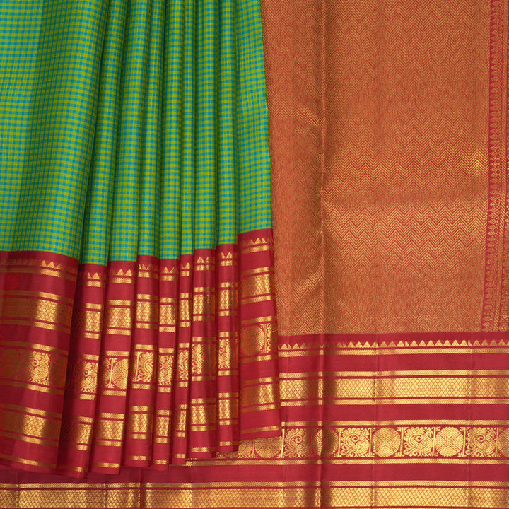 Hayagrivas Handloom Lime Green &amp; Teal Blue Checks Kanjivaram Silk Saree with Red Border SSCBF159H14-3