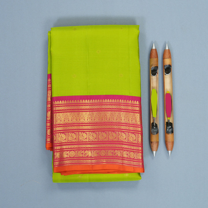 Hayagrivas Handloom Fluorescent Green Kanjivaram Silk Saree with Pink Border SSCBF159H15-1