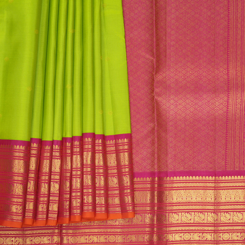 Hayagrivas Handloom Fluorescent Green Kanjivaram Silk Saree with Pink Border SSCBF159H15-1