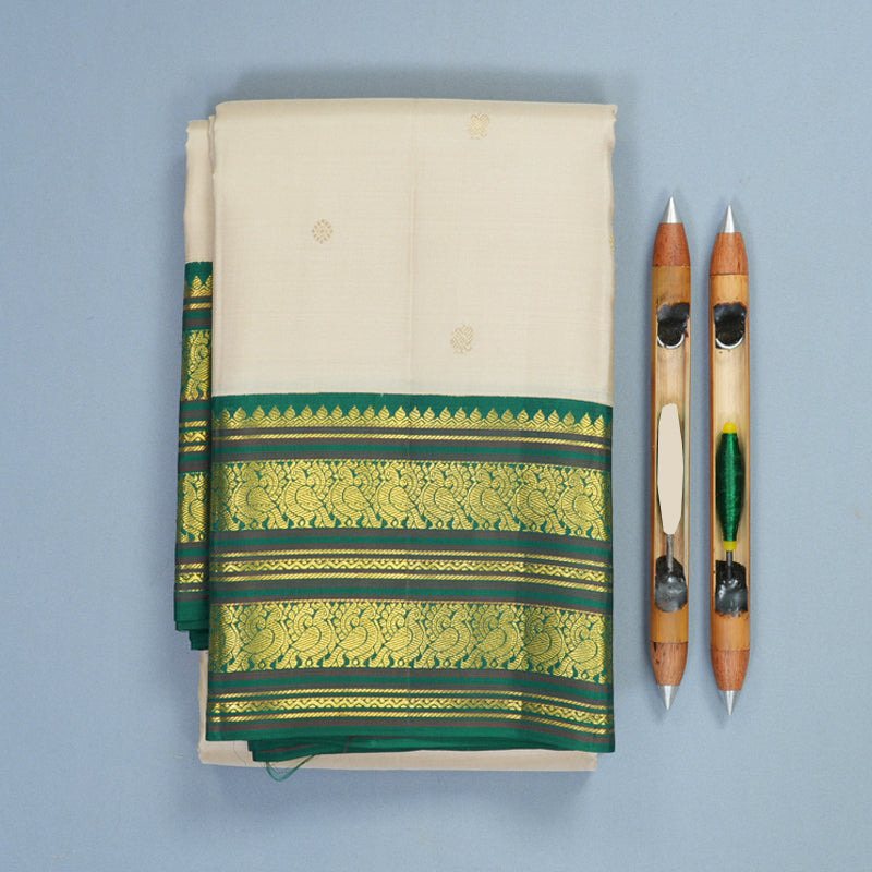 Hayagrivas Handloom Beige Kanjivaram Silk Saree with Dark Green Border SSCBF159H15-2