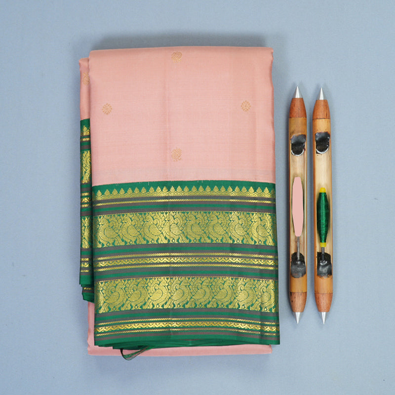 Hayagrivas Handloom Mild Peach Pink Kanjivaram Silk Saree with Dark Green Border SSCBF159H15-3