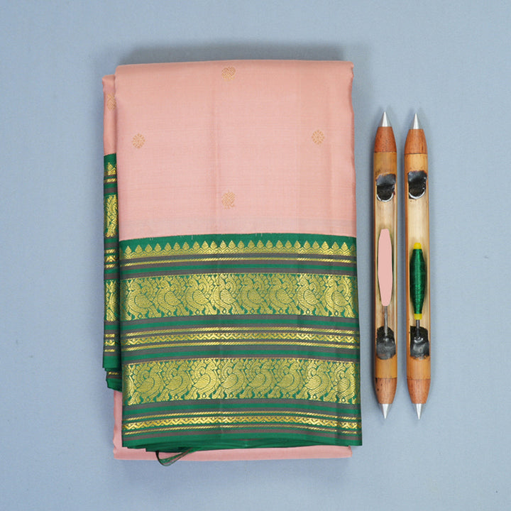 Hayagrivas Handloom Mild Peach Pink Kanjivaram Silk Saree with Dark Green Border SSCBF159H15-3