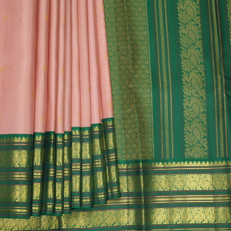 Hayagrivas Handloom Mild Peach Pink Kanjivaram Silk Saree with Dark Green Border SSCBF159H15-3