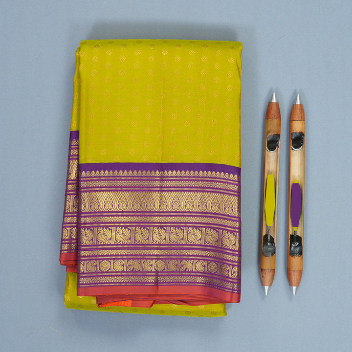 Hayagrivas Handloom Lime Green Kanjivaram Silk Saree with Purple Border SSCBF159H4-2