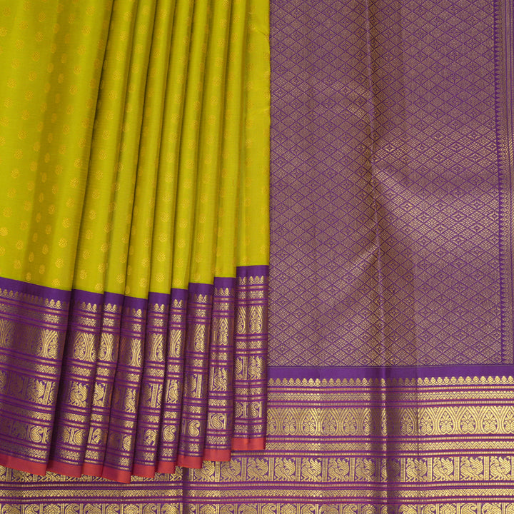 Hayagrivas Handloom Lime Green Kanjivaram Silk Saree with Purple Border SSCBF159H4-2