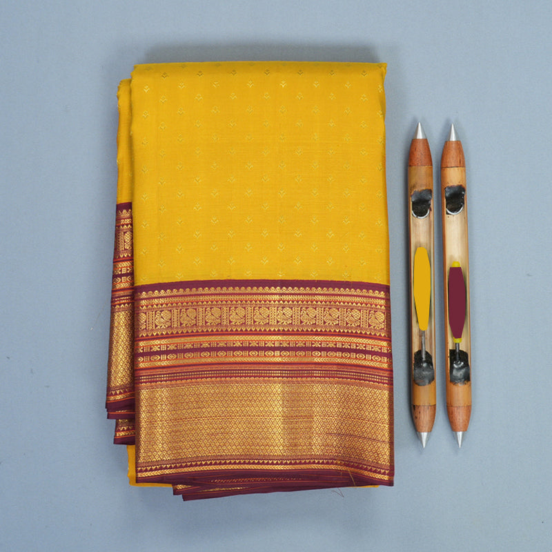 Hayagrivas Handloom Mustard Yellow Kanjivaram Silk Saree with Burgundy Border SSCBF159H4-3