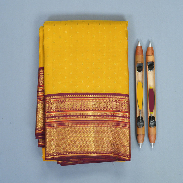 Hayagrivas Handloom Mustard Yellow Kanjivaram Silk Saree with Burgundy Border SSCBF159H4-3