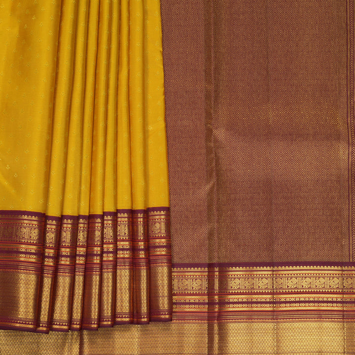 Hayagrivas Handloom Mustard Yellow Kanjivaram Silk Saree with Burgundy Border SSCBF159H4-3