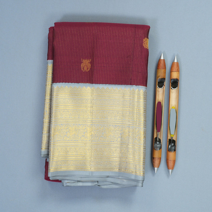 Hayagrivas Handloom Wine Maroon Kanjivaram Silk Saree with Grey Border SSCBF159H6-1