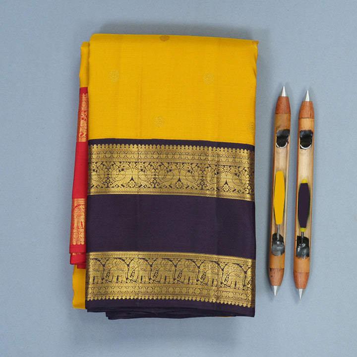 Hayagrivas Handloom Mustard Yellow Kanjivaram Silk Saree with Ganga Jamuna Border SSCBF159H7-2